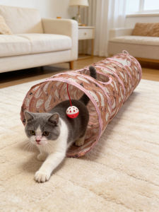 Collapsible 120cm Cat Tunnel with Bell Toy 2-Way Play Tube Trendy Print Hideaway for Indoor Cats Easy Storage