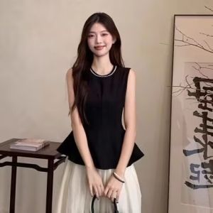 New Chinese Style Set Waist in Black Vest Top High Waist Mini Skirt Two Piece Set Summer Fashion Commute A-Line Skirt Loose Fit