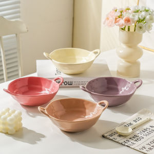 Double Ear Dessert Bowl Fruit Bowl Oats Bowl Creamy Style Ceramic Bowl 7 Inch Diameter Ins Style Pure Color Bowl