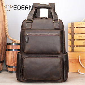 EDERN Retro Genuine Leather Backpack for Men Extra Large Capacity Business Travel Backpack Fashion Casual Cowhide Schoolbag Mens Knapsack