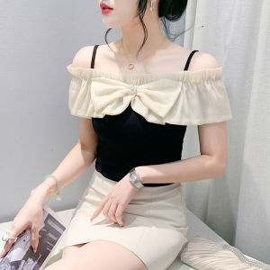 YIMEI เสื้อยืดผู้หญิงผูกโบว์คอเสื้อหนึ่งเส้น2024เสื้อแขนสั้นสำหรับหน้าร้อนใหม่เสื้อเปิดไหล่เสื้อผ้าฝ้ายสีแดงเสื้อเชิ้ตตัวเล็กหรูหรา