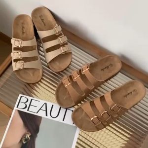 Mostwear Couples Flat Slippers All Match With Three Adjustable Straps Daily Outwear Slip Ons (standard size)