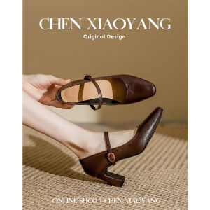 รองเท้าส้นสูงหนังแท้ Mary Janes สำหรับผู้หญิง 2025 รองเท้าส้นเดี่ยวแบบลำลองสำหรับใส่ไปทำงาน สไตล์ย้อนยุค หัวรองเท้าทรงเหลี่ยม ปิดด้วยซิปรูด