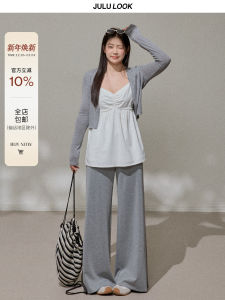 Bộ Đồ Hai Mảnh Màu Xám Rộng Rãi Thoải Mái Giản Dị Áo Cardigan Quần Dài Bộ Đồ Mùa Thu Cotton 70% Vải Lanh 30%