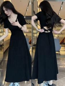 Summer New Womens Short Sleeve Dress Back Hollow out Belted Design Breathable High Waist A-Line Skirt Casual Style Dress