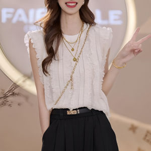 Shalldoer | Áo sơ mi không tay ren kiểu Pháp rộng rãi thoáng khí mùa hè mỏng mới cho nữ Áo sơ mi dài tay cổ tròn màu trơn thường ngày