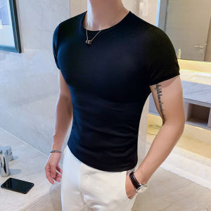 Summer Short Sleeve Mens Elastic T-Shirt Slim Fit Solid Color Base Shirt round Neck Sport Half Sleeve Top Youth Fashion Trend