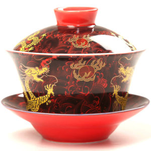 Large Size Ceramic Dragon Patterned Tea Bowl Cover Bowl Gongfu Tea Brewing Set Red And Yellow Offering Cups Palace Style Handmade