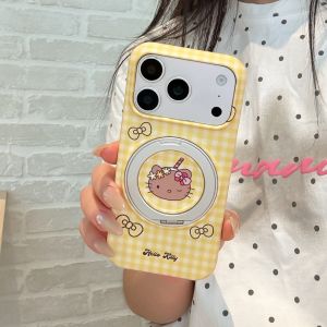 Sanrio | Luxury Yellow Gingham Grid Sanrio HelloKitty Magnetic Stand Phone Case For iphone 16 15 17 Pro Max Cute Cartoon Shockproof Cover