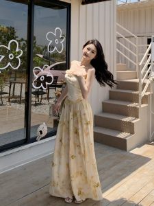 Casual Loose Straight Pure Desire Chinese Floral Print Tube Top Thin Wide Leg Pants High Waist Long Trousers for Women