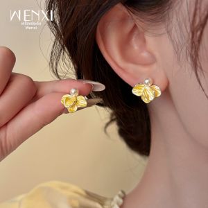 WENXI | Cream Yellow Petal Pearl Earrings Design Fashion