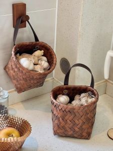 Handwoven Wall Hanging Storage Basket Kitchen Home Use Ginger Garlic Organizer Decorative Retro Flower Basket Storage Caddy