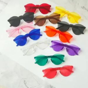 Rimless Colorful Oval Shape Sunglasses Women Men Frame Tint Clear Lens Colorful Sun Glasses Female Red Pink Yellow Travel