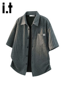 izzue | Muscle Texture Flip Collar Short Sleeve American Fishbone Shirt