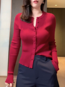 QINGNAER | New Fall Stylish Slender Plus Size Red Womens Knitted Cardigan