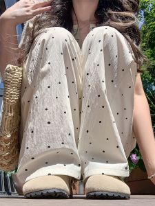 White Polka Dot Wide Leg Pants Women Summer Thin Casual Small Texture Lazy Ice Silk Sembach Pants High Waist Long Pants Polyester Fiber