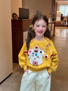 Adorable Girls Fleece-Lined Long Sleeve Sweatshirt with 3D Dog Decoration Autumn New Style Childrens Clothing Baby Long Shirt