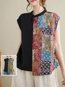 Áo Sơ Mi Không Tay in Họa Tiết Phong Cách Trung Hoa Thời Trang Cỡ Lớn Rộng Rãi Cổ Đứng Nút Áo Chất Liệu Vải Lanh Cotton Mùa Hè 2024