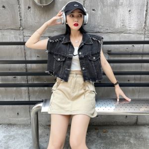 Korean Style Irregular Design Denim Vest Women Summer Short Sleeve Loose Trendy Polo Collar Button up Pure Color Commute