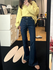 High Waist Denim Jeans Deep Blue Womens Slim Fit Bell Bottom Pants Cotton Elastic Casual Long Trousers Spring Autumn