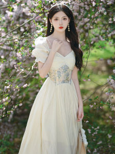 Romantic French Style Sweet Short Sleeve Maxi Dress Midi Skirt Bridesmaid Dress Summer Artistic New Model High Waist A-Line Skirt