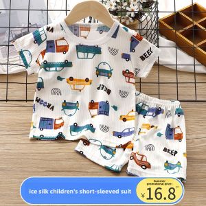 Cool Silk Summer Short Sleeve Set Baby Thin Sleepwear 2 Pieces