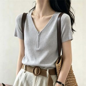 V.C.I | Minimalist Grey V-Neck Short Sleeve T-Shirt Slimming Versatile Women