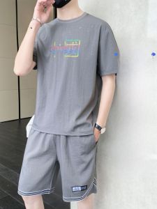 ROMON | Lomond Mens Ice Silk Sports Set Summer Thin Print Short Sleeve T-shirt Casual Two-piece Suit Nylon Rayon Spandex Blend