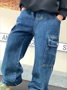 American Style Boys Workwear Denim Pants Loose Wide-leg Pants Boys Black Long Pants Casual Sports Pants