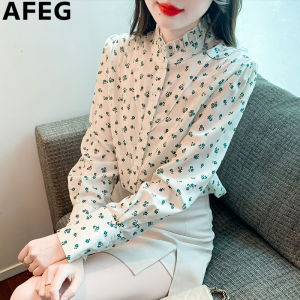AFEG Korean version stand collar fashion loose temperament silk floral long sleeve blouse