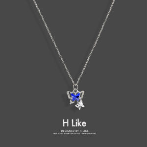 Blue Rhinestone Butterfly Necklace Womens Luxury Unique Design Clavicle Chain High-End Feel Fashion Versatile Titanium Steel