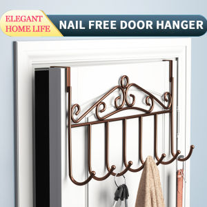 【Creative Nail Free】Door Hanger Hook 7 Hooks Rack for Hat Clothes Coat Towel Bag Metal Bathroom Bedroom Door Hanger Organizer
