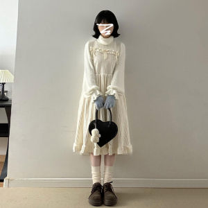 White High Collar Knitted Dress Womens Spring Autumn Winter Inner Wear Beautiful Unique Long Dress New Year Celebration Gown