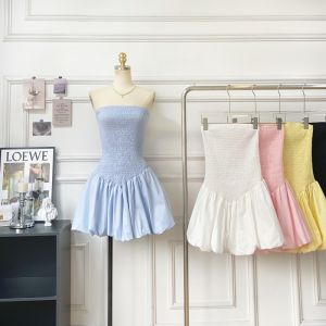 French Chic Off-Shoulder Pleated Sleeveless Backless Dress Womens Summer New Fluffy Skirt Bloomer Short Dress High Waist