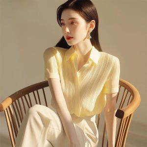 French Style Light Yellow Polo Shirt Summer New Cold Tone Unique Fashion Short Sleeve T-Shirt Elegant Ageless Straight Cut Polyester Fiber