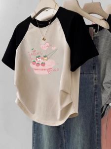 Girls Short Sleeve T-Shirt Shoulder Insert Design Summer New Fashion Childrens Clothing Baby Girl Trendy Top Breathable Cotton Blend