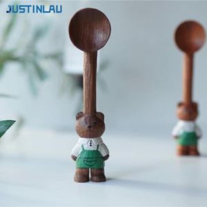JUSTINLAU | JUSTINLAU Cute Bear Coffee Spoon Hand Carved Walnut Wood Stirring Spoon Creative Tableware Dessert Tea Spoon Kitchen Decor