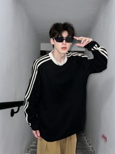 เสื้อสเวตเตอร์คอกลมแขนยาวผู้ชาย ทรงหลวม สไตล์ย้อนยุค สีบล็อก 3 แถบ เสื้อแจ็คเก็ตทรงปกติ ผ้าโพลีเอสเตอร์ผสมคอตตอนและยางยืด