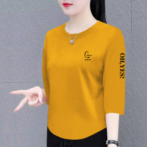 Pure ผ้าฝ้าย เสื้อยืดผู้หญิง ฤดูร้อน ใหม่เกาหลี หลวม พรางหุ่น แขนสามส่วน คอกลม ลำลอง เสื้อท่อนบน อินเทรนด์ ผู้หญิง เสื้อยืด