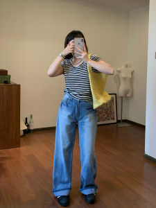 กางเกงยีนส์ทรงตรงเอวกลางสีน้ำเงินสำหรับผู้หญิง Omang Peach Joy ทรงหลวม ทรงสลิมฟิต กางเกงขายาวลำลองสำหรับฤดูใบไม้ผลิและฤดูใบไม้ร่วง