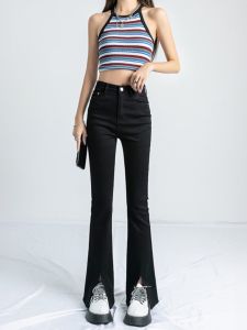 High Waist Slim Fit Black Denim Jeans Womens Summer 2024 New Style Loose Flared Floor-Length Pants with Slits Cotton Stretch Denim