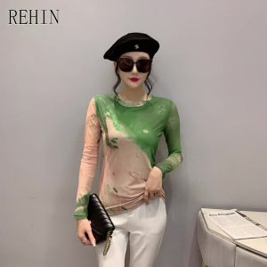 REHIN Womens top Halo mesh long-sleeve T-shirt autumn high-neck Slim bottoming blouse