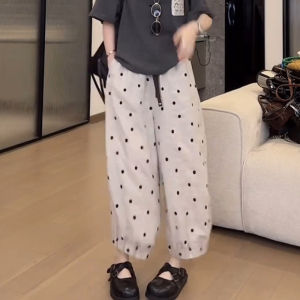 กางเกงทรงหลวมขากระบอกฤดูร้อนสำหรับผู้หญิง กางเกงขายาวลายจุด ทรงเข้ารูป เอวสูง ลำลอง กางเกงขายาวทรงหลวม