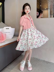 Girls Summer Dress Set Cotton Korean Style Floral Print Short Sleeve Two-Piece Outfit for Ages 5-17 Cool Feeling Clothing