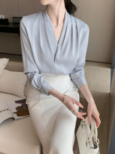 Elegant V-neck Silk Shirt Womens Early Autumn New AKun Simple Commute Maturity Professional Texture Business Shirt