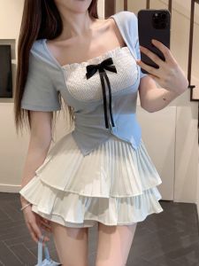 GUZILIAN | French Style Sweet Color Block Butterfly Knot Top Womens Pure Desire Summer Two-Piece Set White Cake Pleated Skirt Ensemble