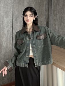 American Retro Workwear Style Denim Jacket Autumn Small Size Slimming Versatile Sweet Cool Spicy Color Block Polyester Fiber