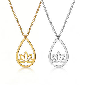 Dainty Water Drop Lotus Flower จี้สร้อยคอสแตนเลสสตีลชุบทองสมาธิโยคะเครื่องประดับ