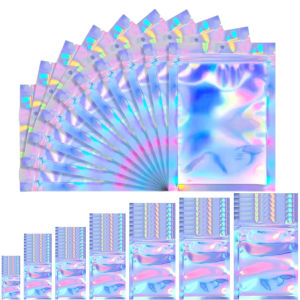 50pcs Thicken Laser Color Resealable Smell Proof Holographic Bags Plastic Pouch for Jewelry Display Candy Packaging Gift Storage