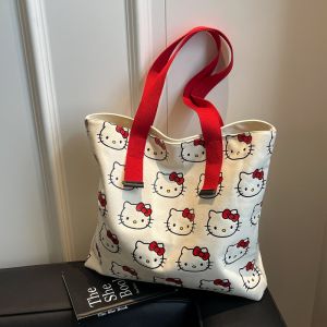 Hellokitty Large Capacity Canvas Bag Womens Cute Cartoon Hello Kitty Satchel Shopping Bag Easiest for Match Shoulder Tote Bag